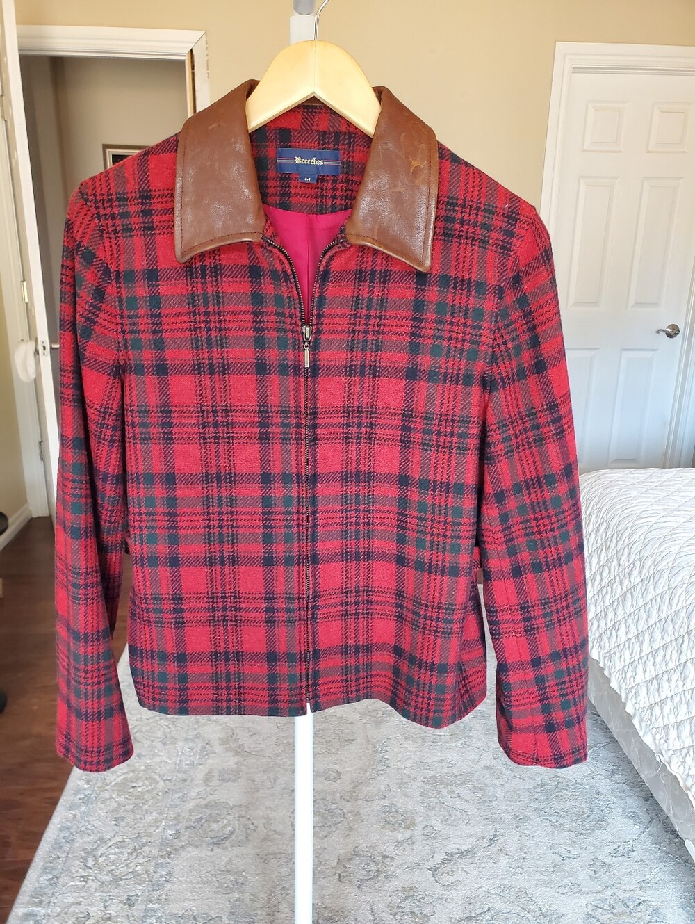 Vintage Breeches Red Plaid Zip-Front Jacket with Brown Leather Collar Size Med.